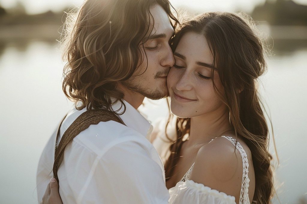 女性の頬にキスする男性