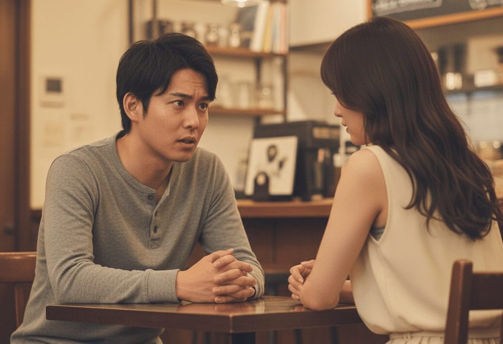 カフェ店内で心配そうな顔で女性を見て話している男性の実写画像