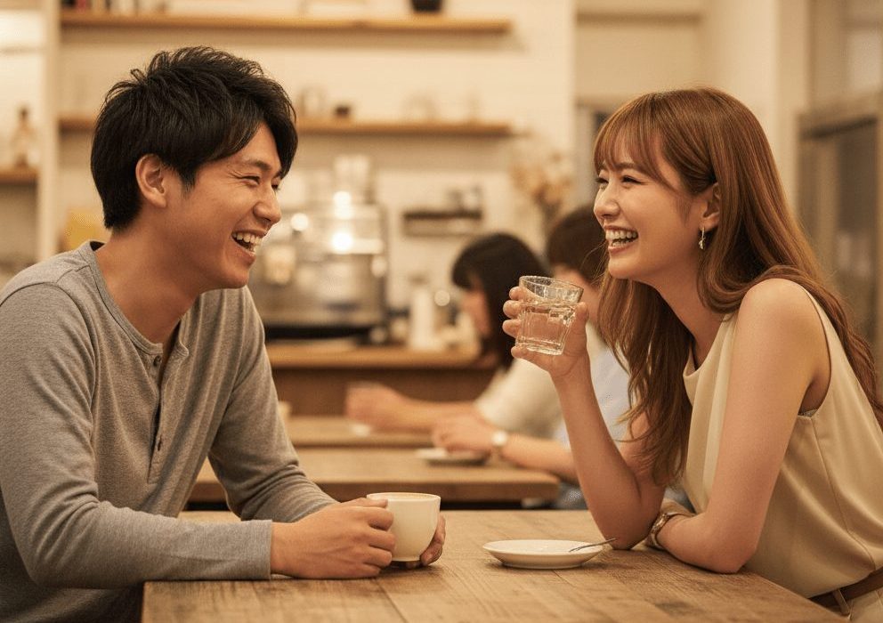 男女がカフェ店内で楽しそうに会話している実写風画像