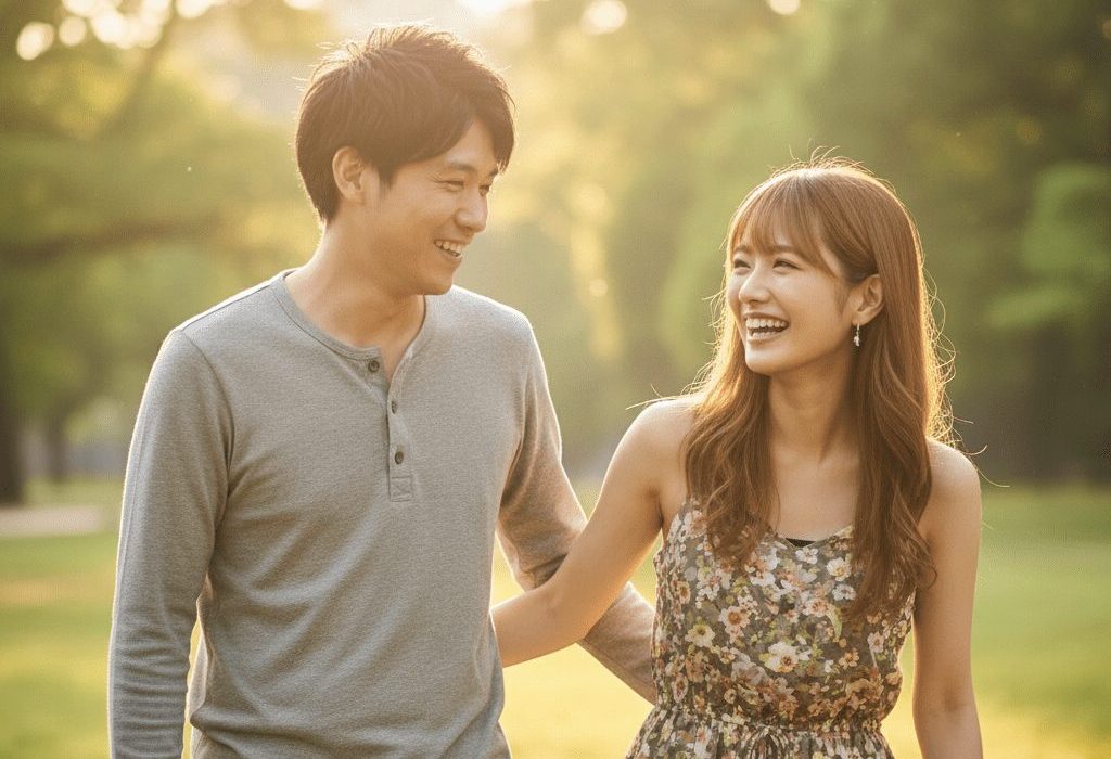 男性が女性にスキンシップを取って女性をエスコートしている実写風画像