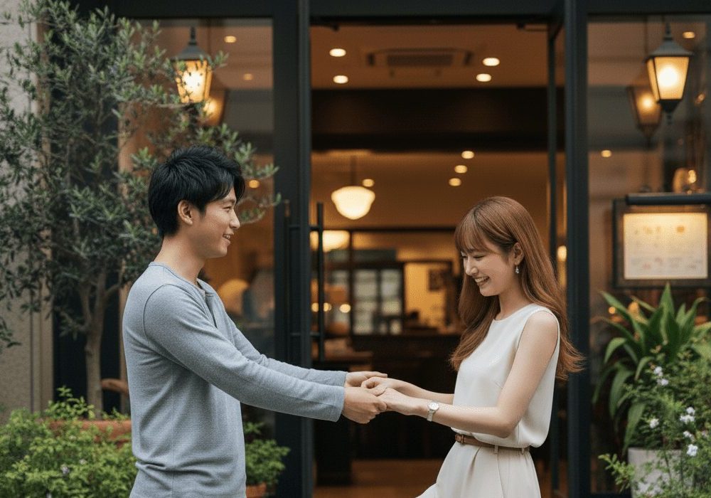 男女カップルが手を合わせて微笑む実写風画像
