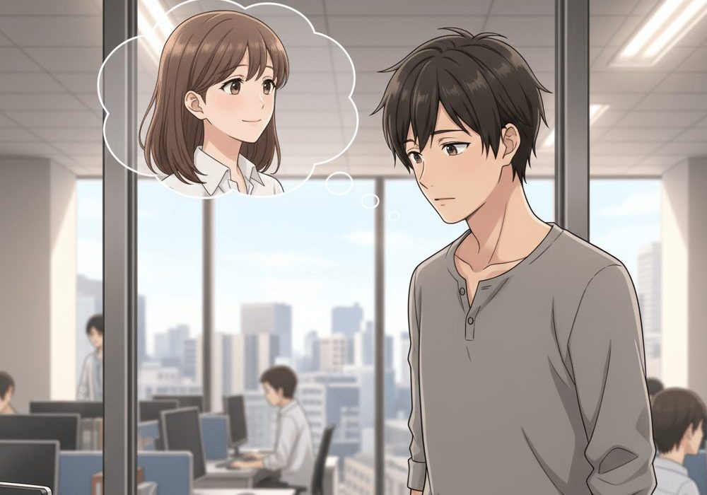 職場の窓際で片思いの女性を思い出して考え込む男性のアニメ画像