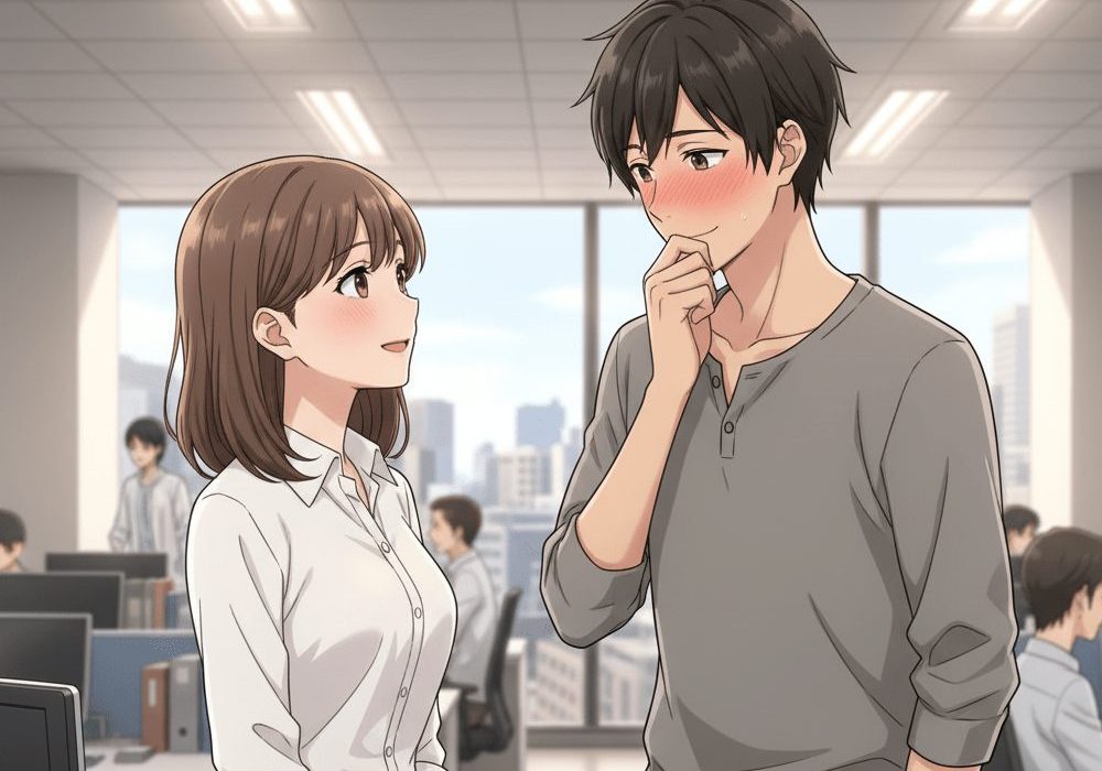 職場の女性と目が合い、顔を赤める男性のアニメ画像