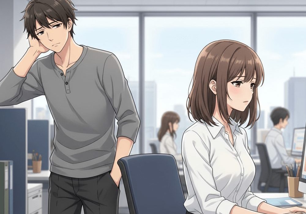 仕事に集中している女性を後ろから見る男性のアニメ画像