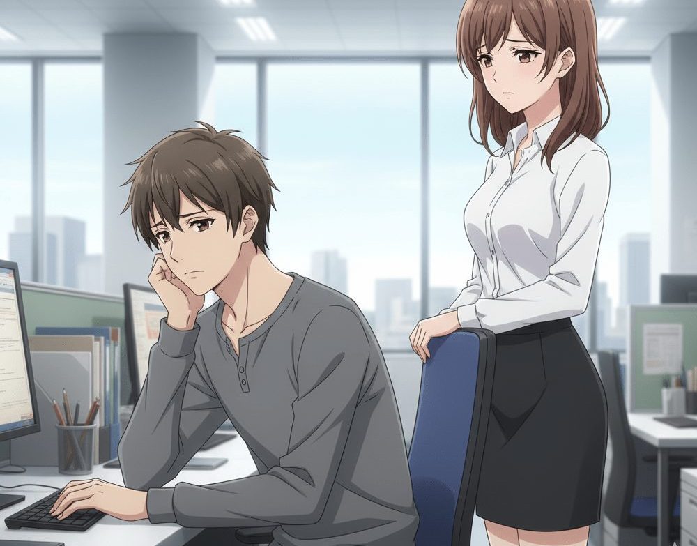 物思いにふける男性とそれを見ている女性のアニメ画像