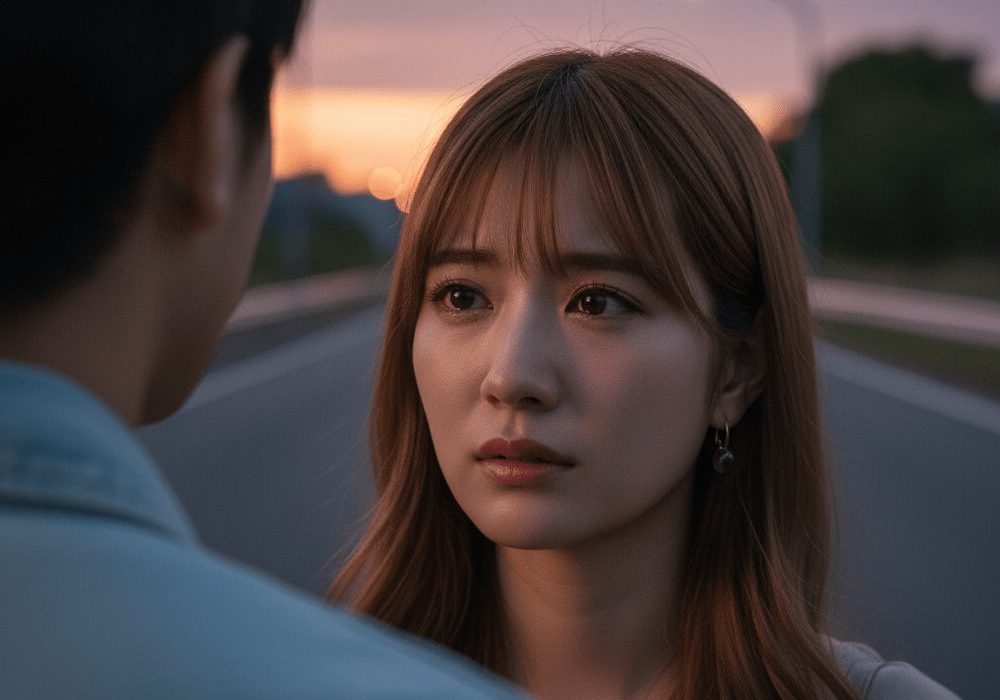 男性との別れを寂しそうな表情で見る女性の実写風画像