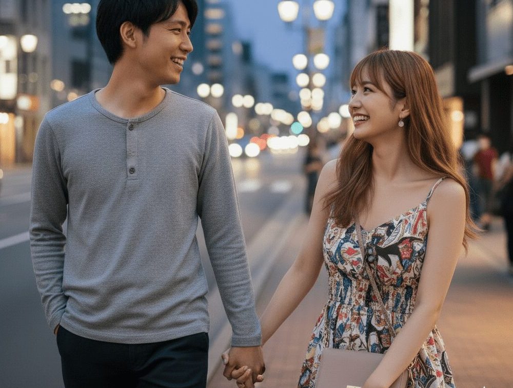 男女が手をつなぎながら笑顔で歩いている実写風画像