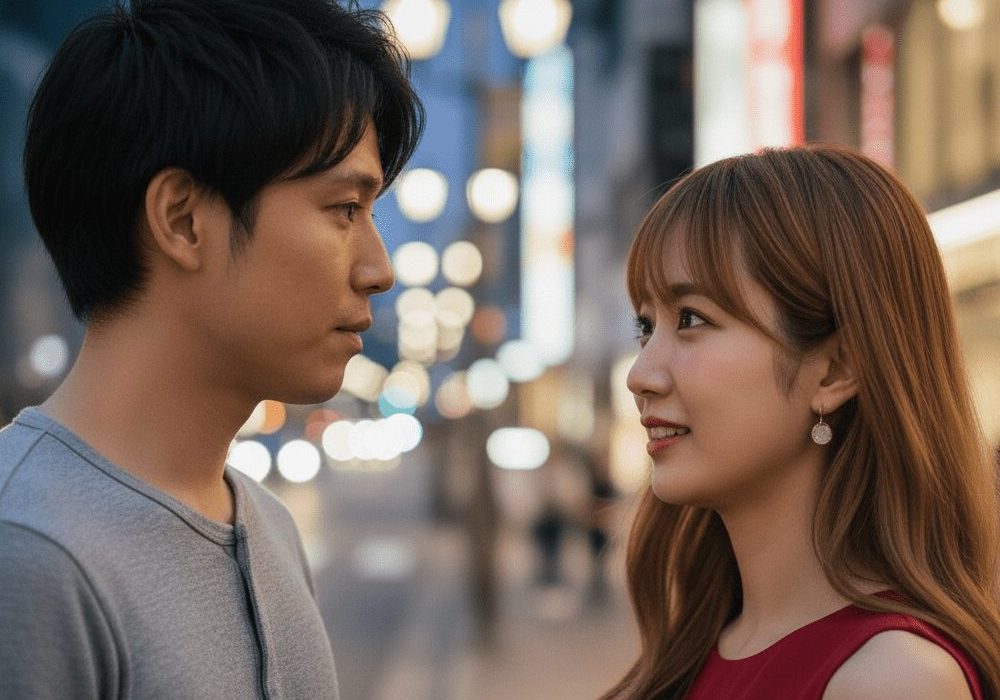 見つめ合う男女の実写風画像