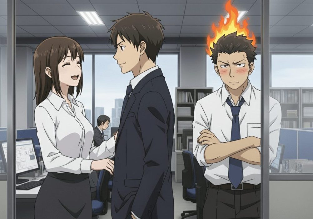 男女が会話しているのを嫉妬しながら見ている男性のアニメ画像