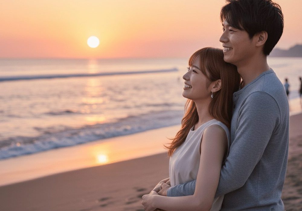 男女カップルが寄り添いながら海を眺めている実写風画像