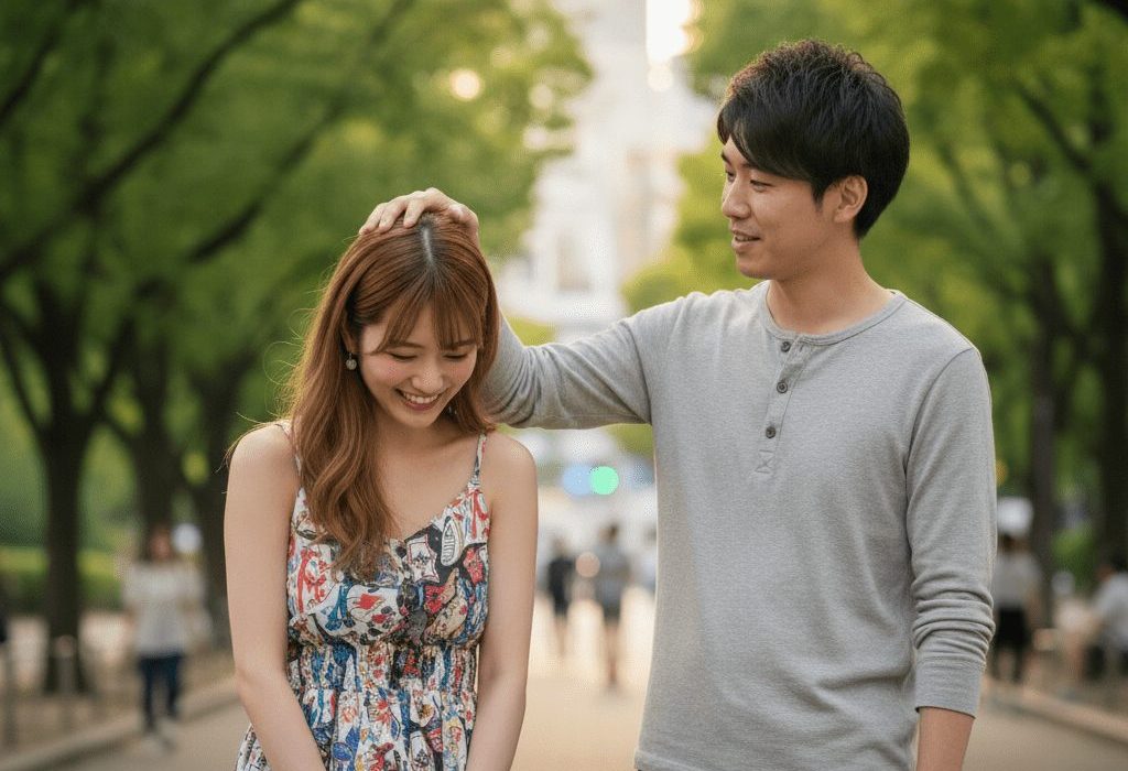 女性の頭を撫でて元気づけようとしている男性の実写風画像