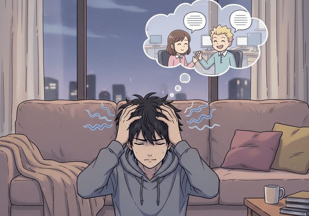 男女が仲良くしている姿を思い出して、悩んでいる男性のアニメ画像