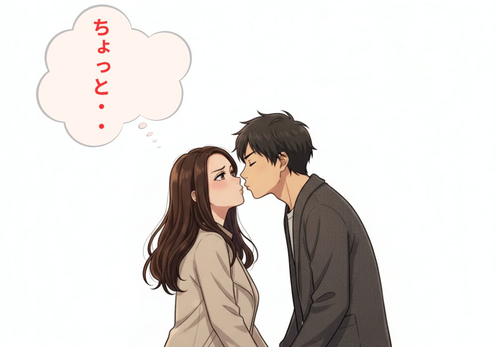 キスをしようとして、女性が不満そうなカップルのアニメ画像