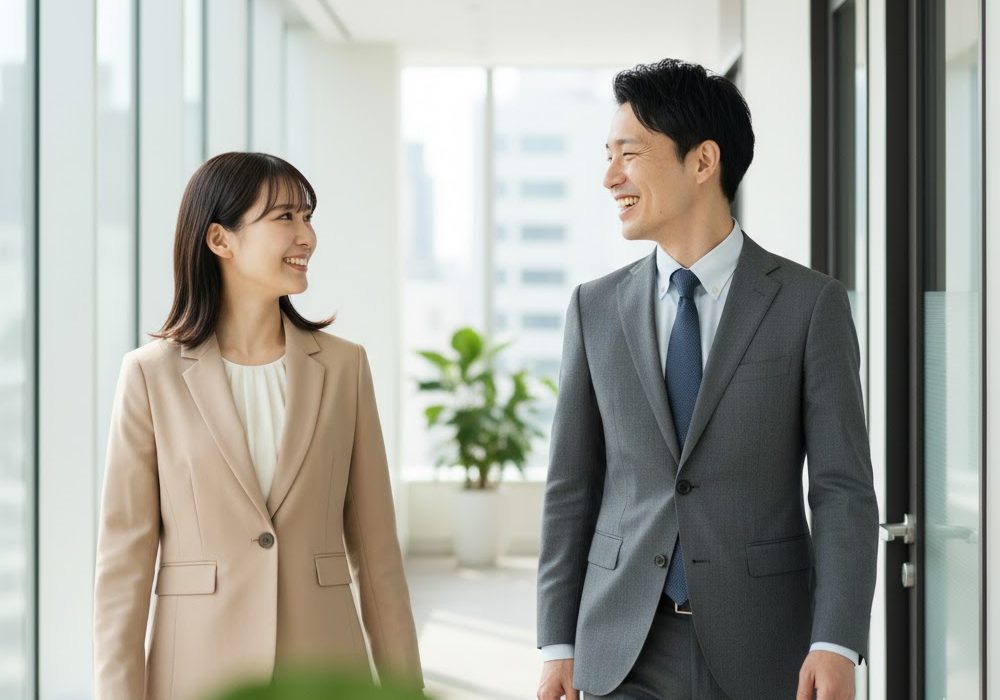 廊下で笑顔で話す男女の実写風画像