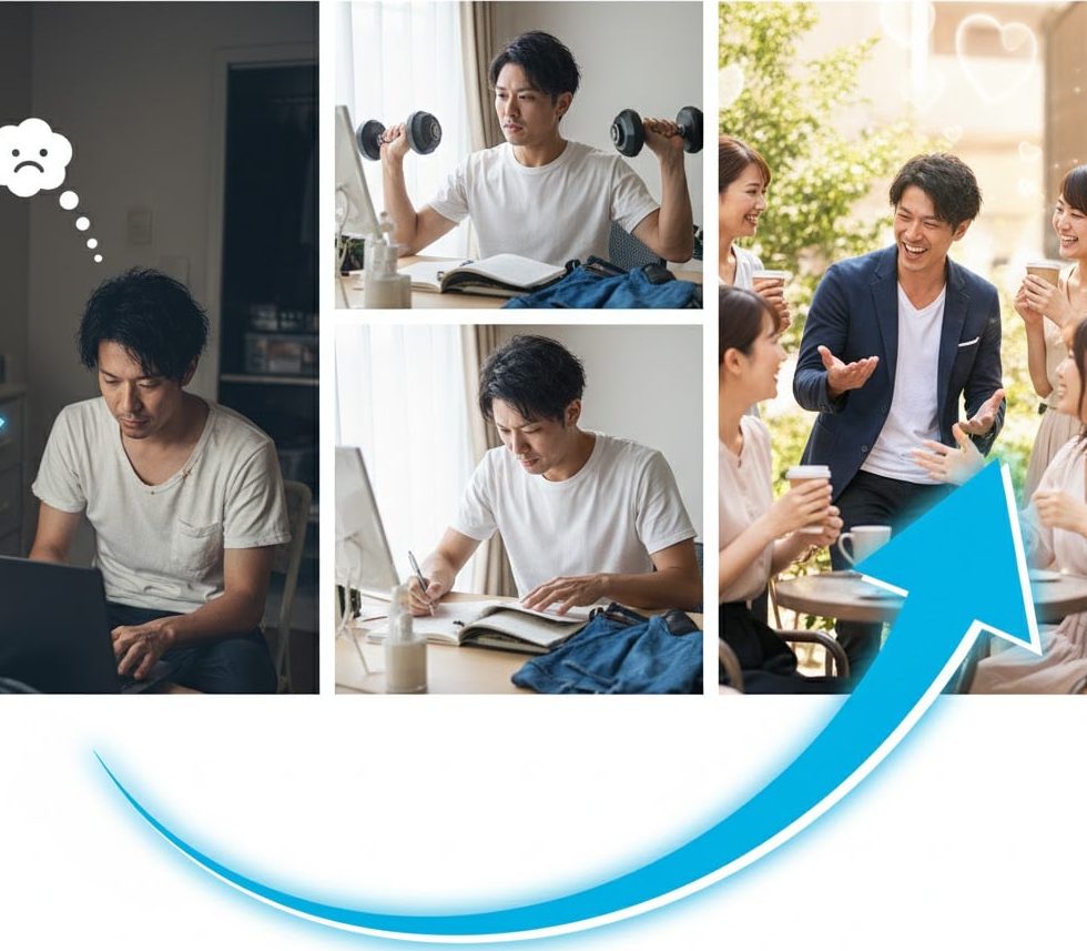 男性が努力して向上している様子の実写風画像