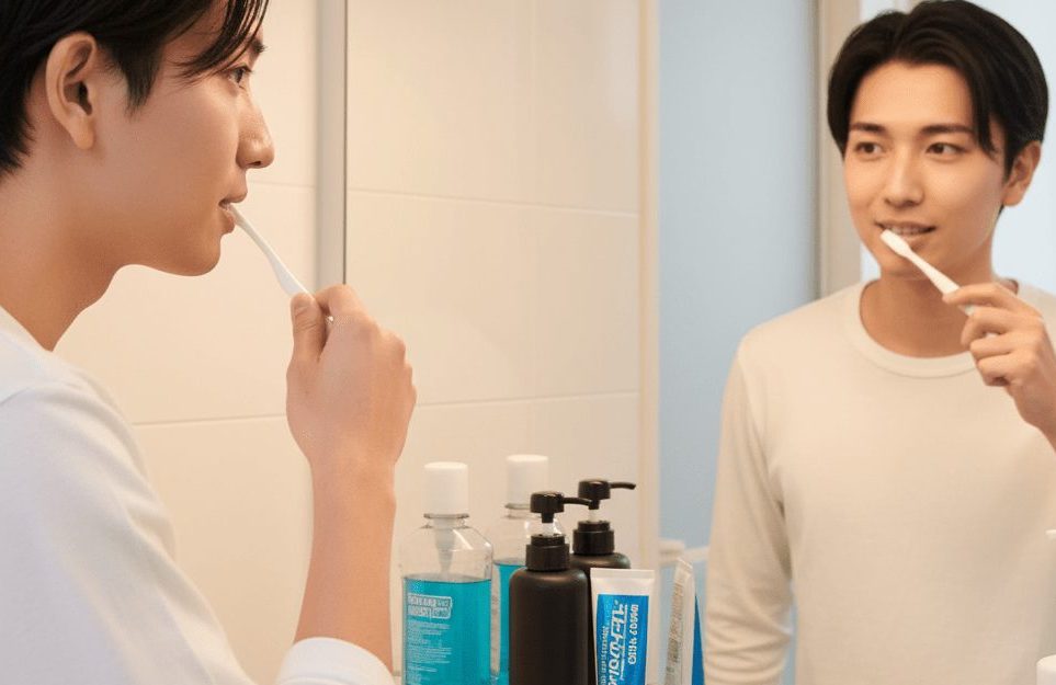 鏡の前で歯磨きする若い日本人男性の実写風画像