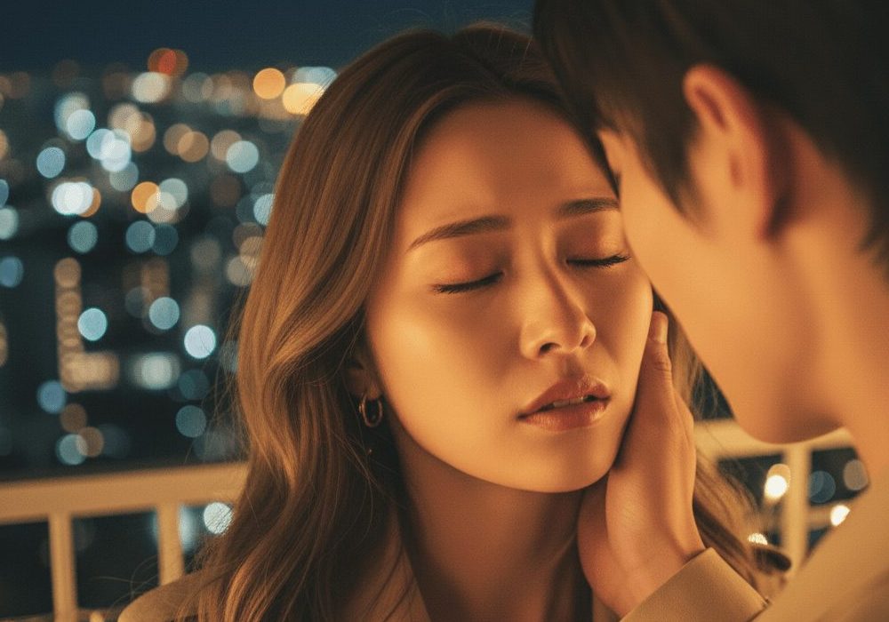 女性が目を閉じて、キス直前のカップル
