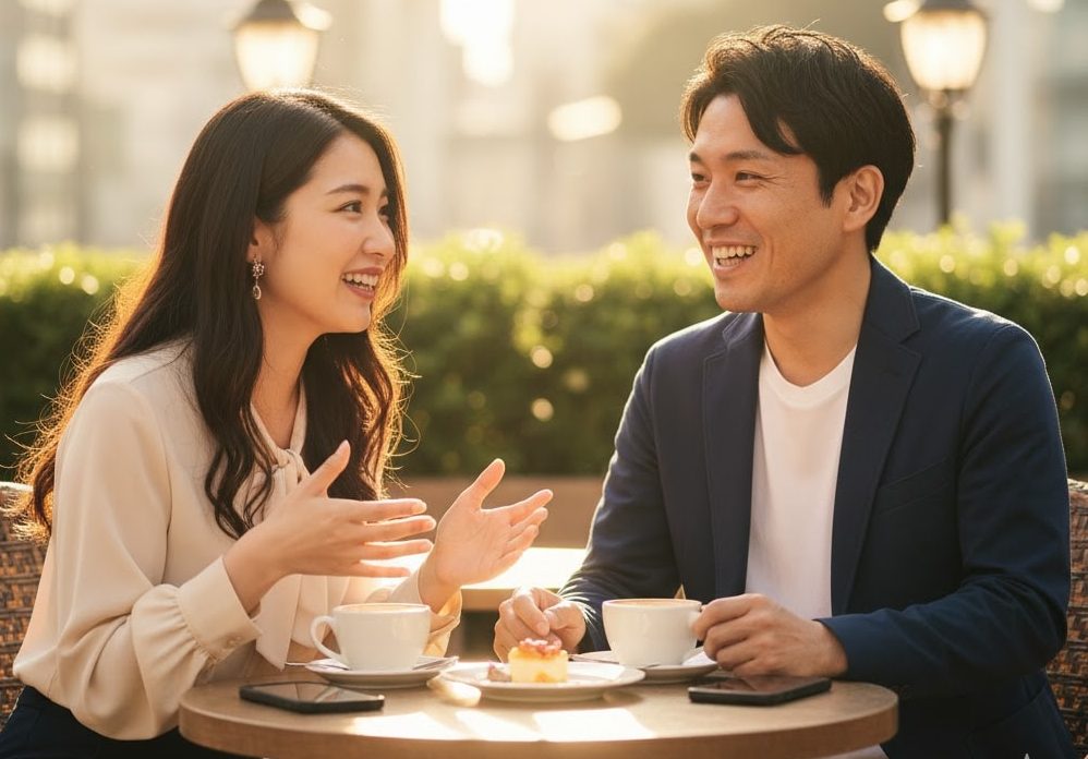 女性の話しを楽しそうに聞く男性の実写風画像