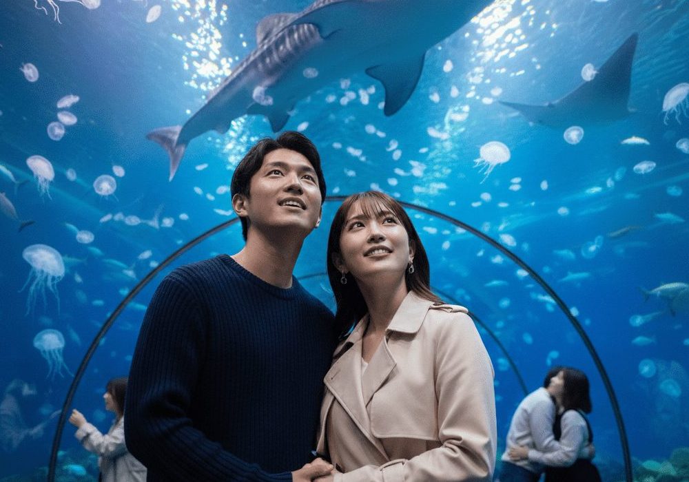 水族館デート中のカップルの実写風画像