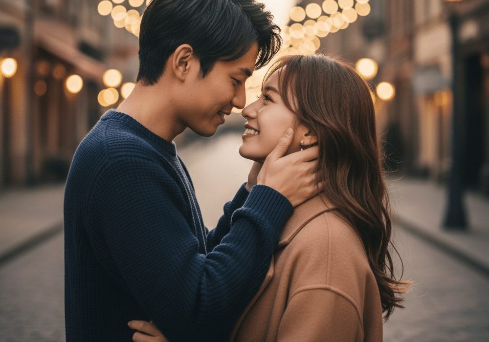 キスをする直前のロマンティックなムードの男女の実写風画像