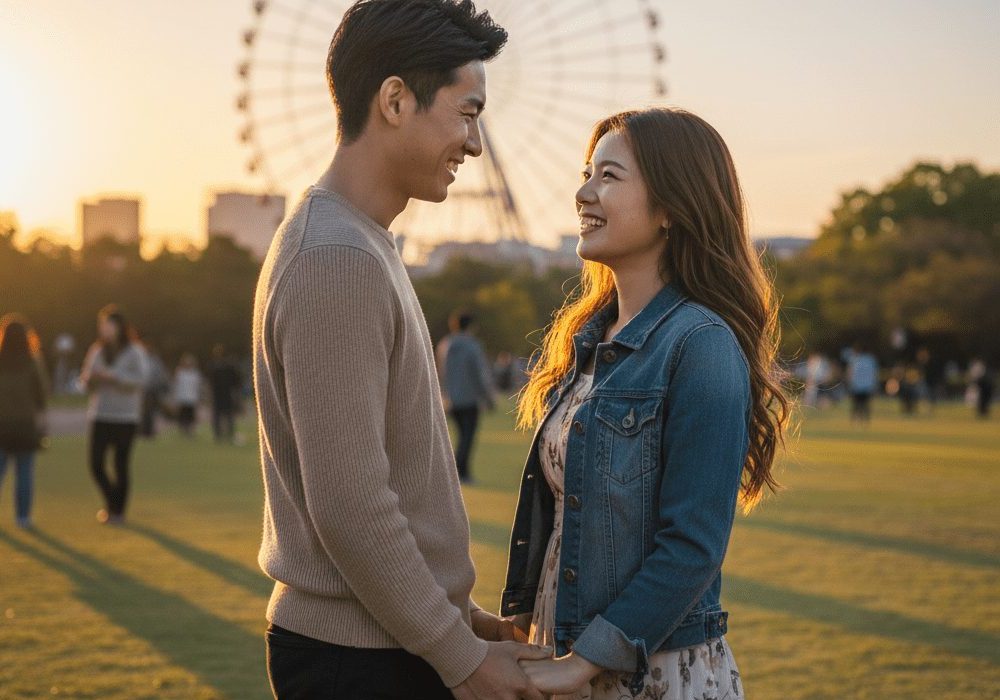 夕方の公園で向き合っているカップルの実写風画像