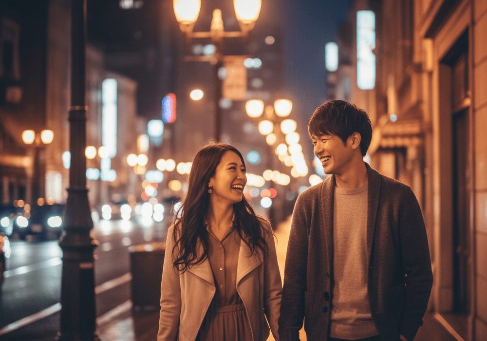夜の街路灯のある歩道を手をつないで散歩するカップルの実写風画像