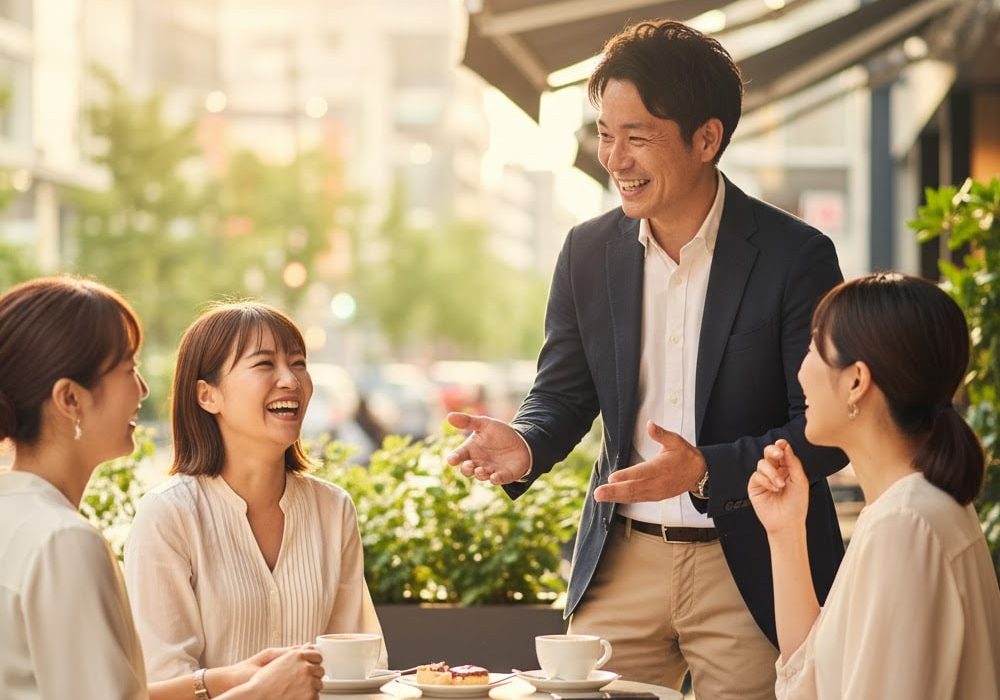 女性陣が食事中のところに男性が積極的に話しかけてる実写風画像