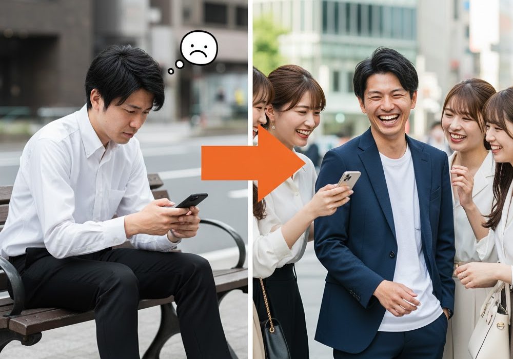 非モテ男性（左）がモテ男性に変化（右）した実写風画像