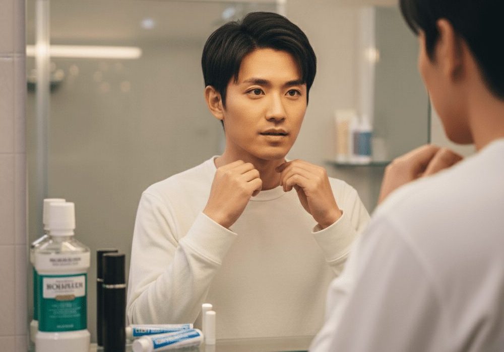 男性が鏡の前で身だしなみを整えている実写風画像