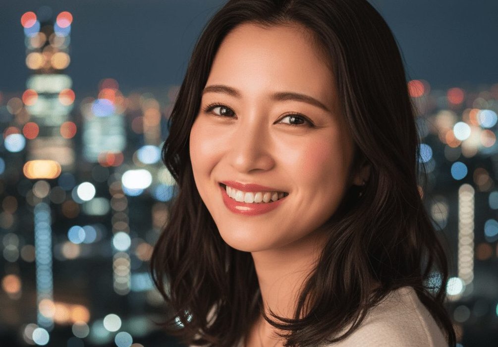 夜景をバックに笑顔の女性の実写風画像