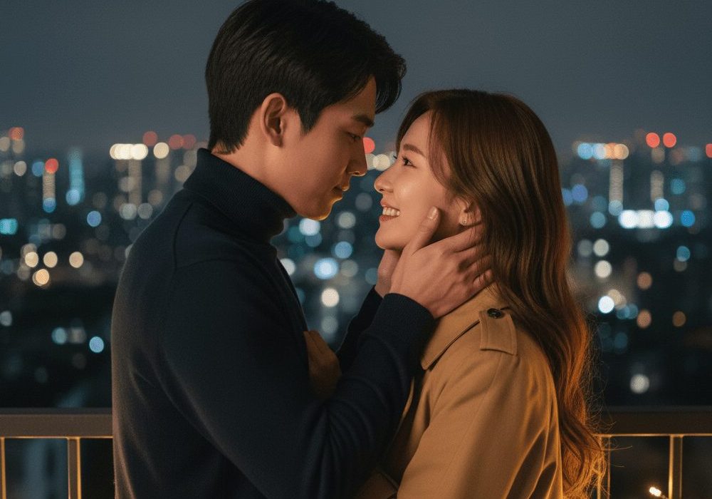 夜景を背景にキスをする直前のロマンティックなムードの男女の実写風画像