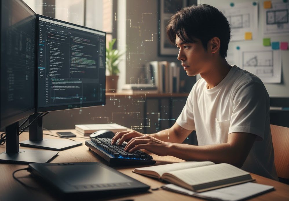 パソコンで仕事に集中して取り組む男性の実写風画像