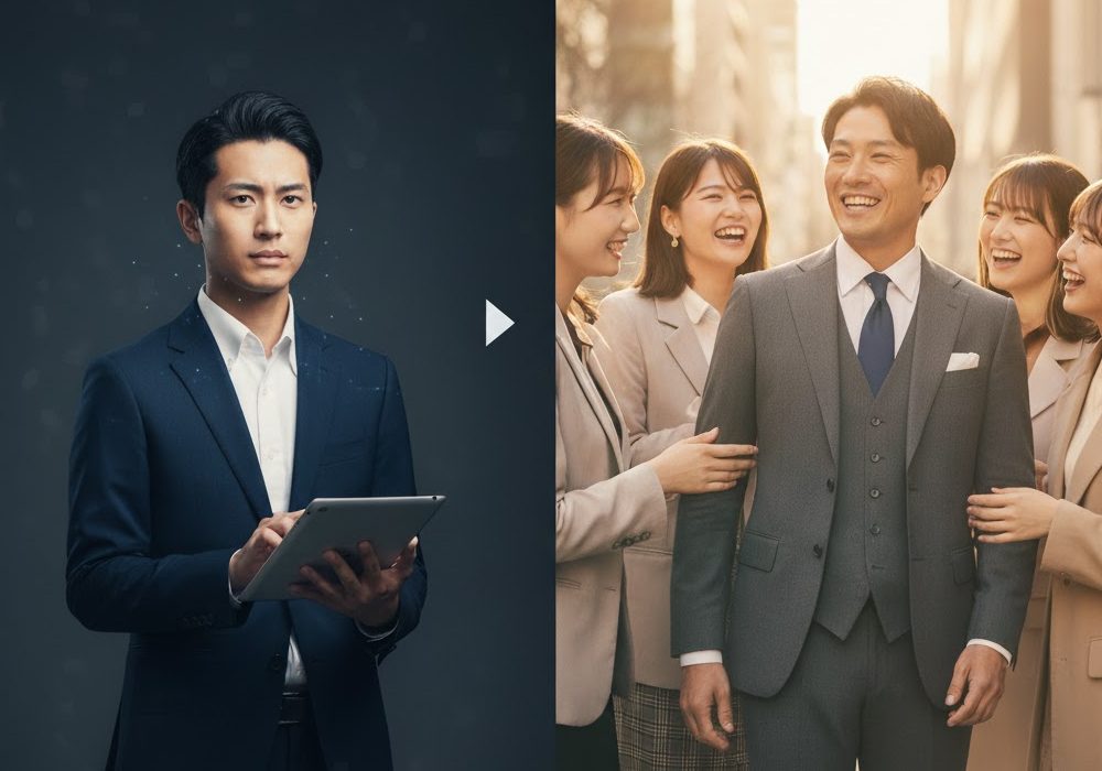 モテる男のデータを分析している様子の男性が左側に、右側にモテる男の様子の実写風画像