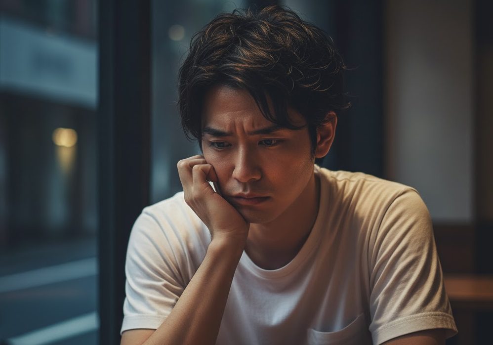 悩んでいる男性の実写風画像