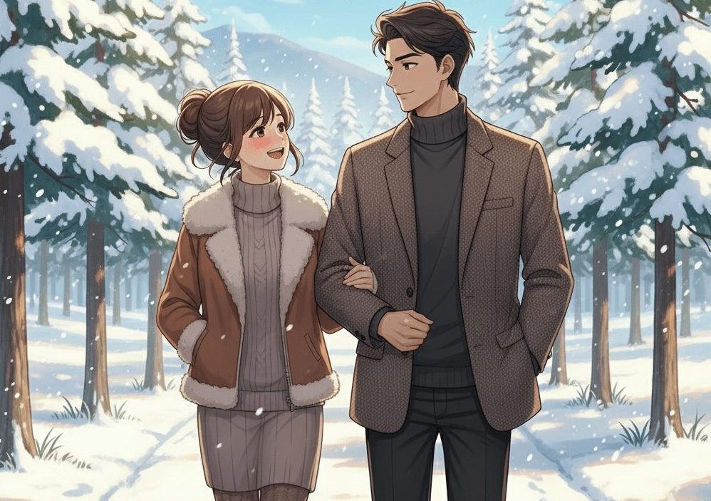 男女が腕を組んで歩くアニメ画像