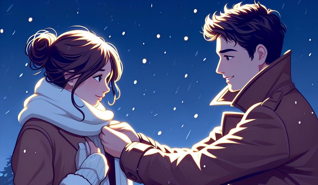 女性にマフラーをかける男性のアニメ画像