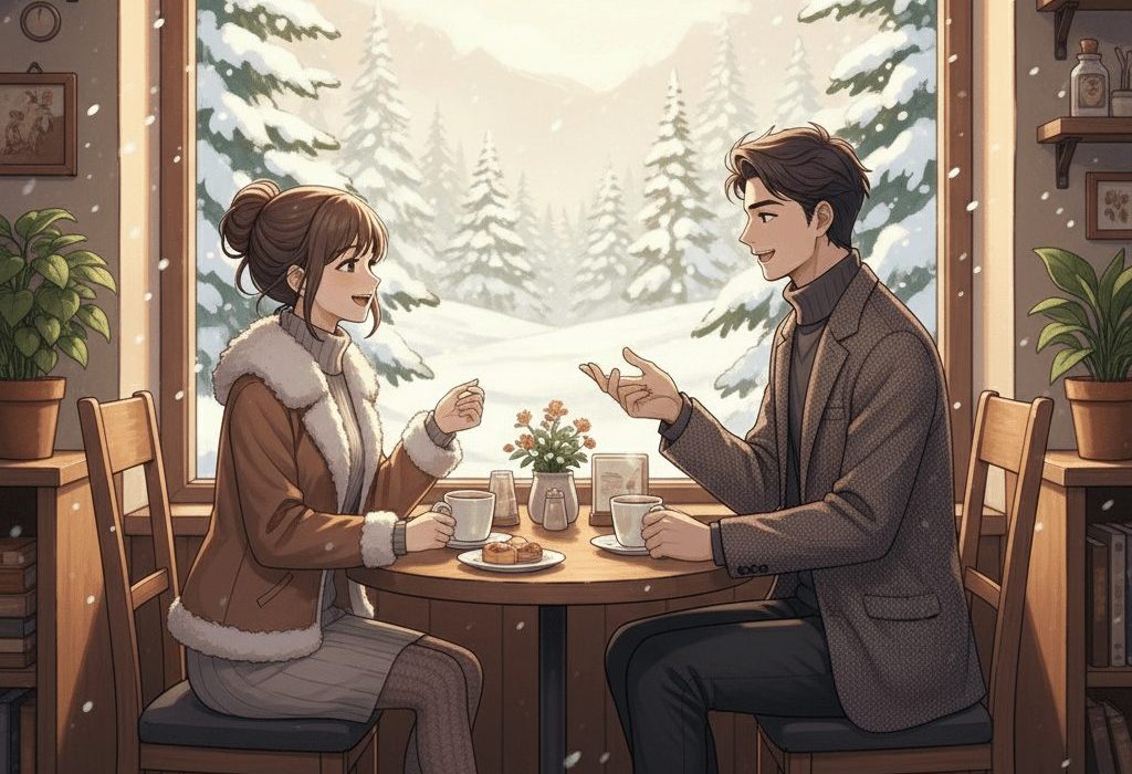 カフェで楽しそうに会話している男女のアニメ画像