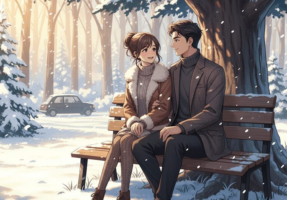 雪景色で男女がベンチに座り会話しているアニメ画像