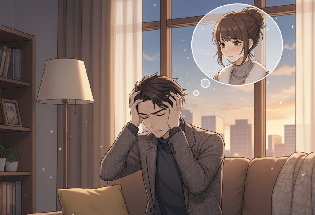 女性を思い浮かべ悩む男性のアニメ画像