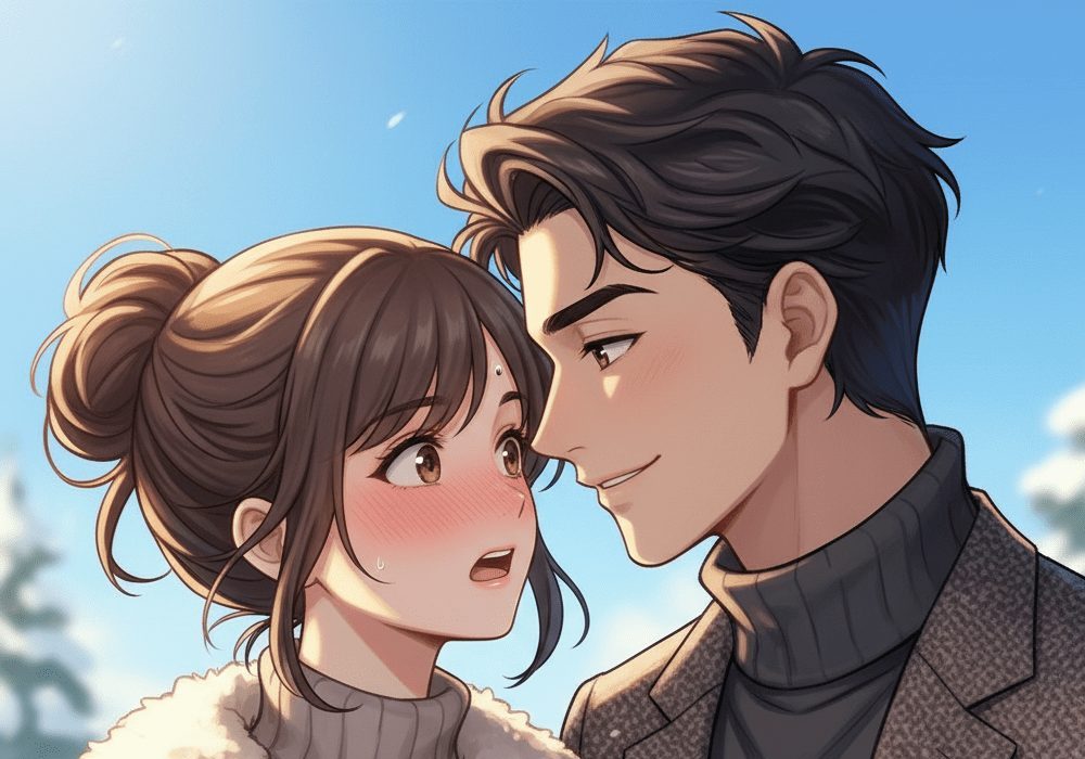 男女が接近して、顔を赤くする女性のアニメ画像