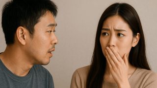 男女の会話中に口元を手で押さえて困惑する女性