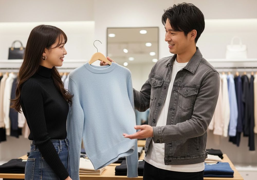 女性に似合いそうな服を提案する男性の実写風画像