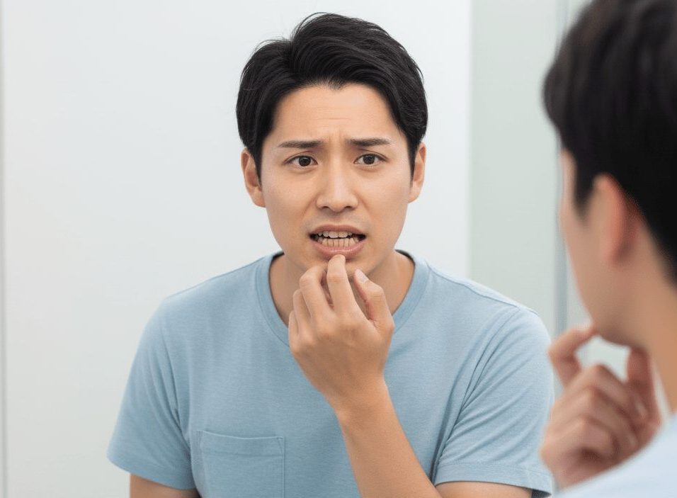 k鏡の前で歯のチェックをする若い男