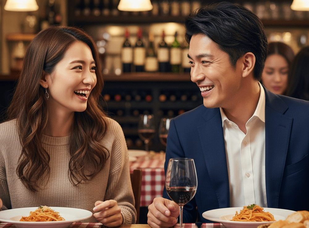 男女が笑顔で会話中