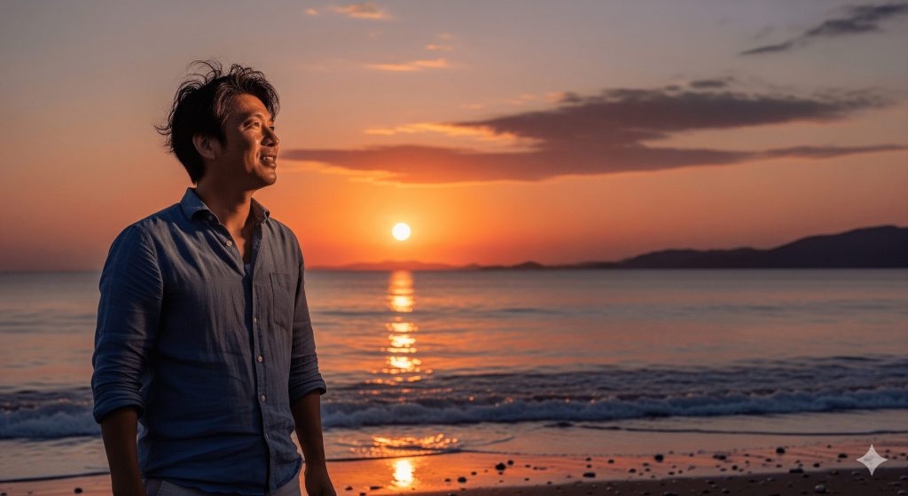 夕日を見ている男