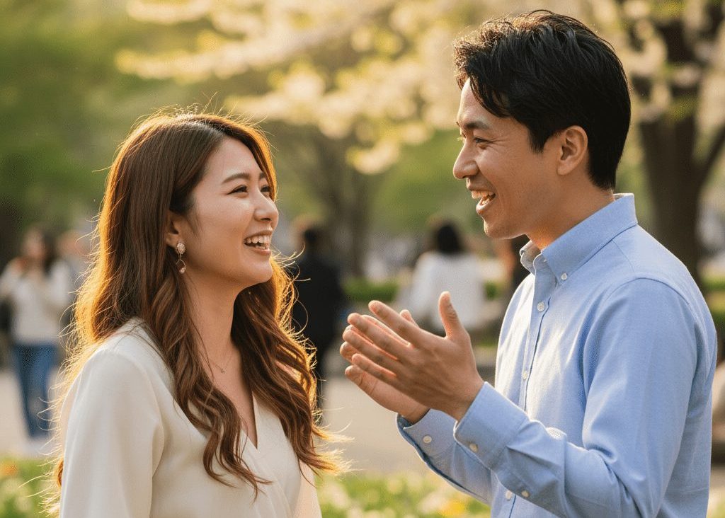 男性がリアクションしながら女性と会話中