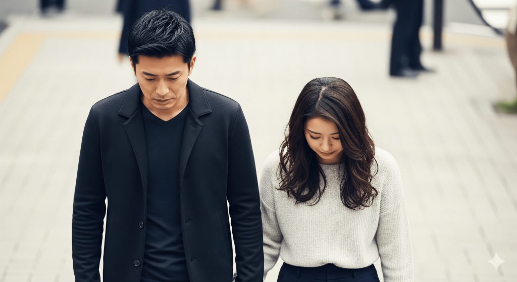 うつむいて歩くカップル