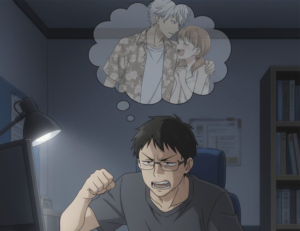 夜自宅の部屋でクズ男が女とイチャイチャしている姿を思い出し、悔しそうにしているアニメ画像