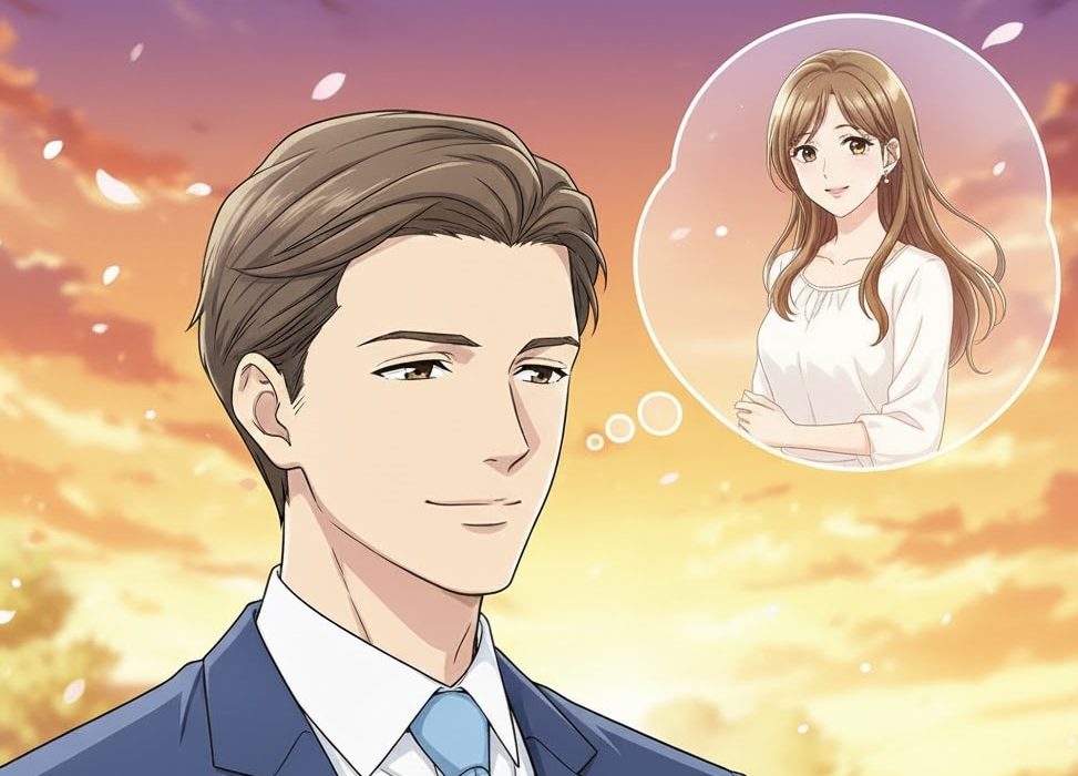 夕日で女性を思い出しているスーツ男性のアニメ画像