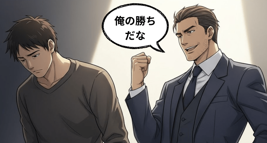 左側の男が負け。右側の男が勝ち、勝利宣言しているアニメ画像